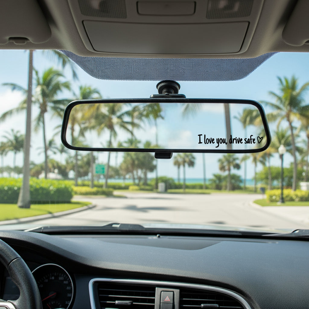 Car interior with a rearview mirror displaying 'I love you, drive safe' text, palm trees in the background.