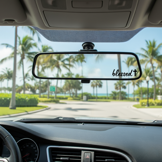 Car interior with a 'blessed' sticker on the rearview mirror, palm trees and clear sky outside.