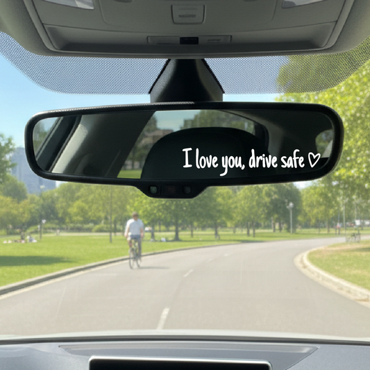 Car interior with a rearview mirror sticker reading 'I love you, drive safe' on a sunny day.