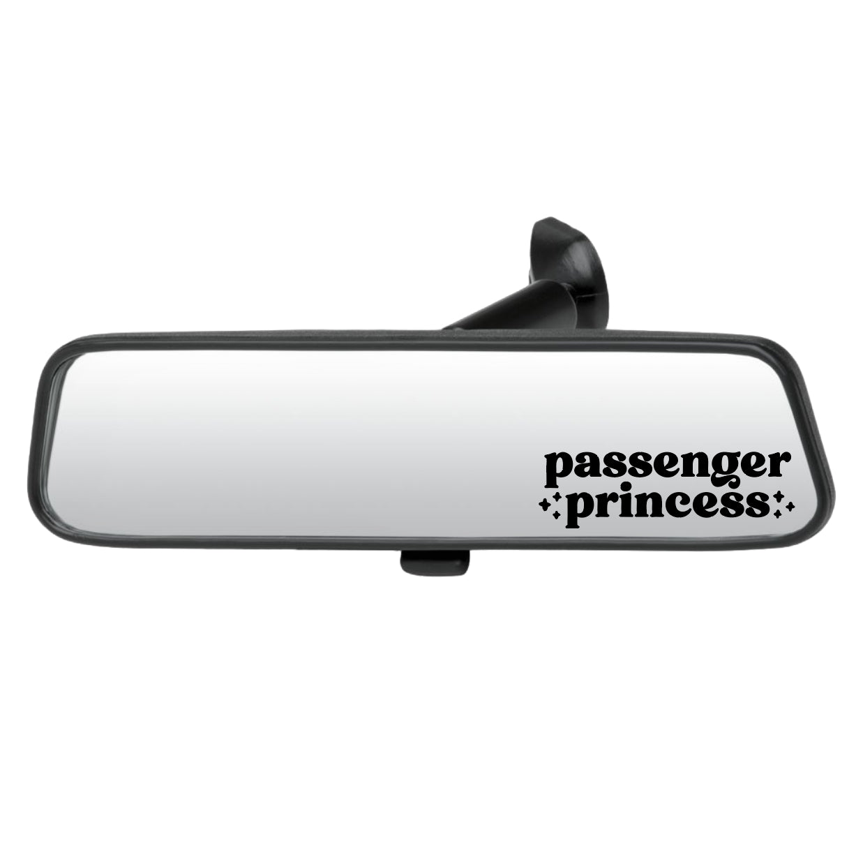 Car rearview mirror with 'passenger princess' text on a white background