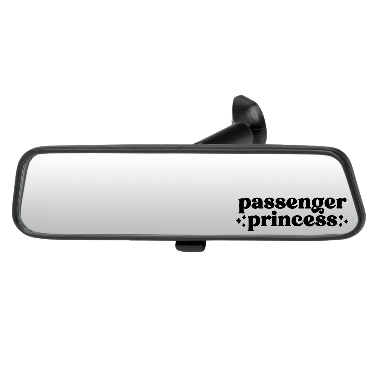 Car rearview mirror with 'passenger princess' text on a white background