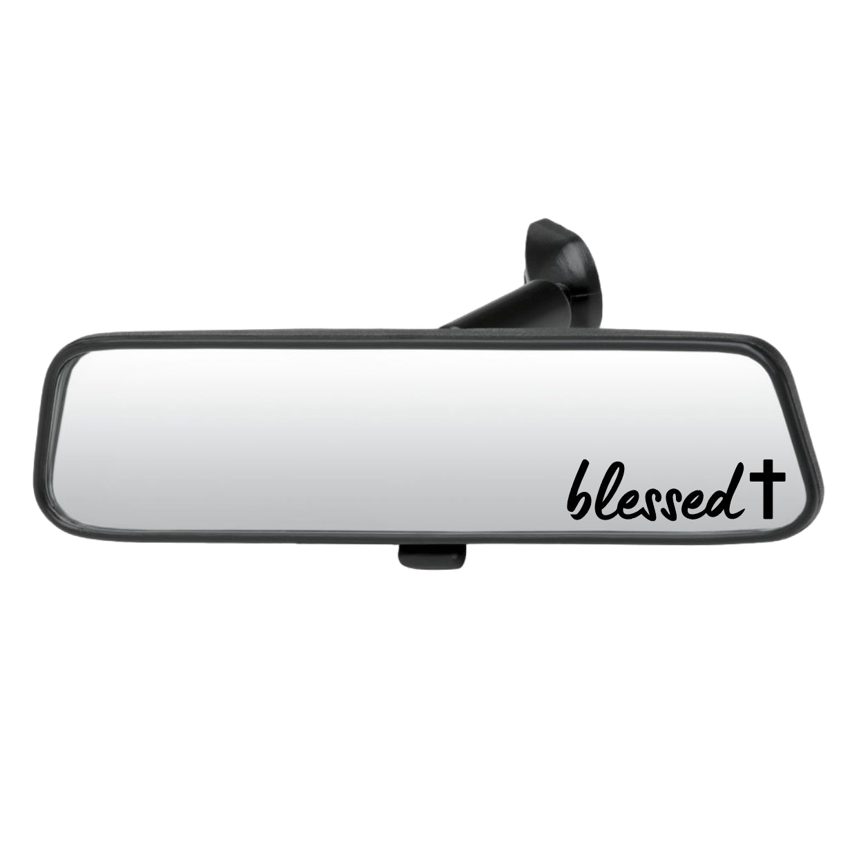 Car rearview mirror with 'blessed' text on a white background