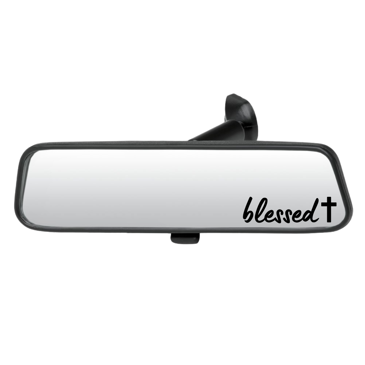 Car rearview mirror with 'blessed' text on a white background