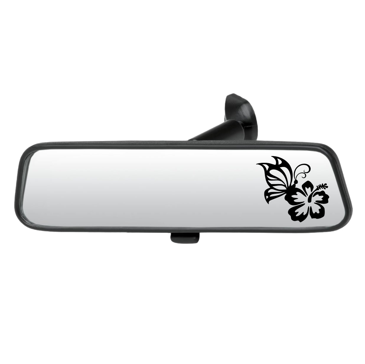 Car rearview mirror with a hibiscus butterfly decal on a white background