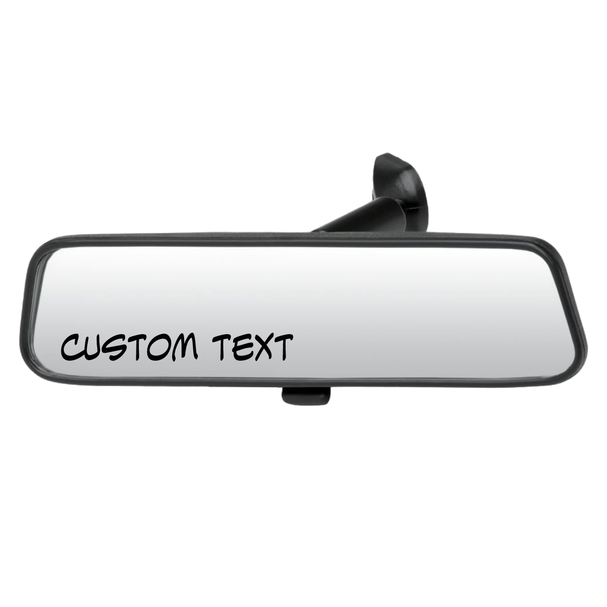 Car rearview mirror with 'CUSTOM TEXT' written on it against a white background