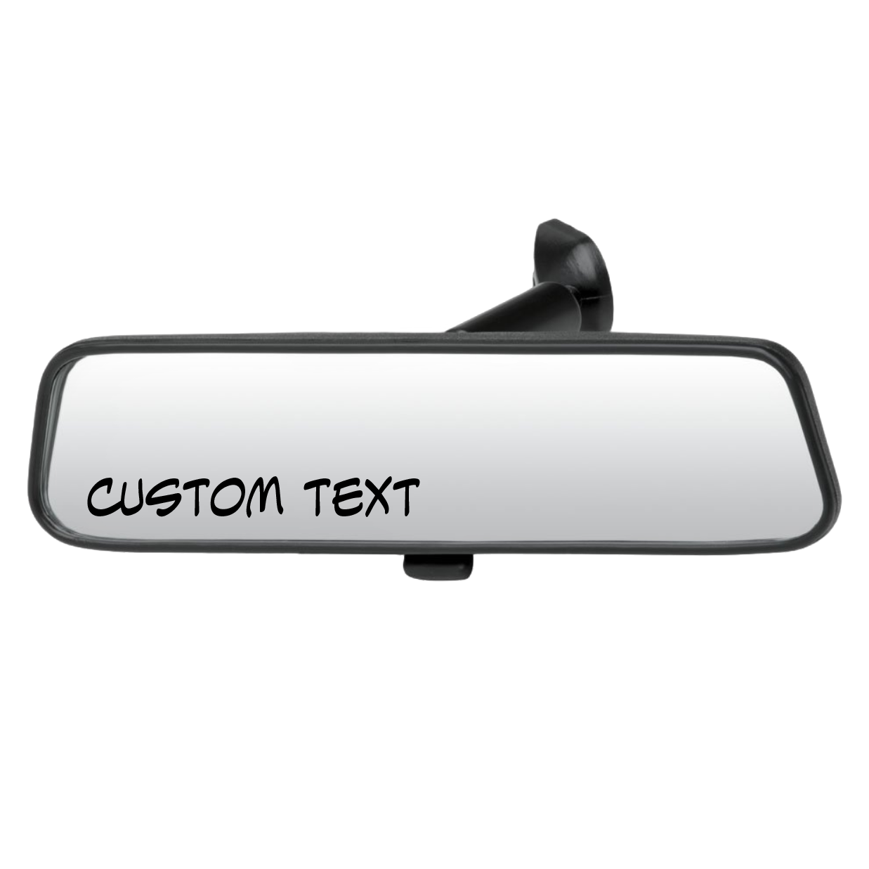 Car rearview mirror with 'CUSTOM TEXT' written on it against a white background