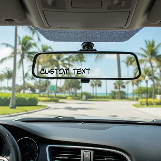 Car interior with a custom text sticker on the rearview mirror, palm trees and clear sky outside.