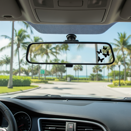 Car interior with a rearview mirror and decorative butterfly stickers, palm trees and road visible outside.
