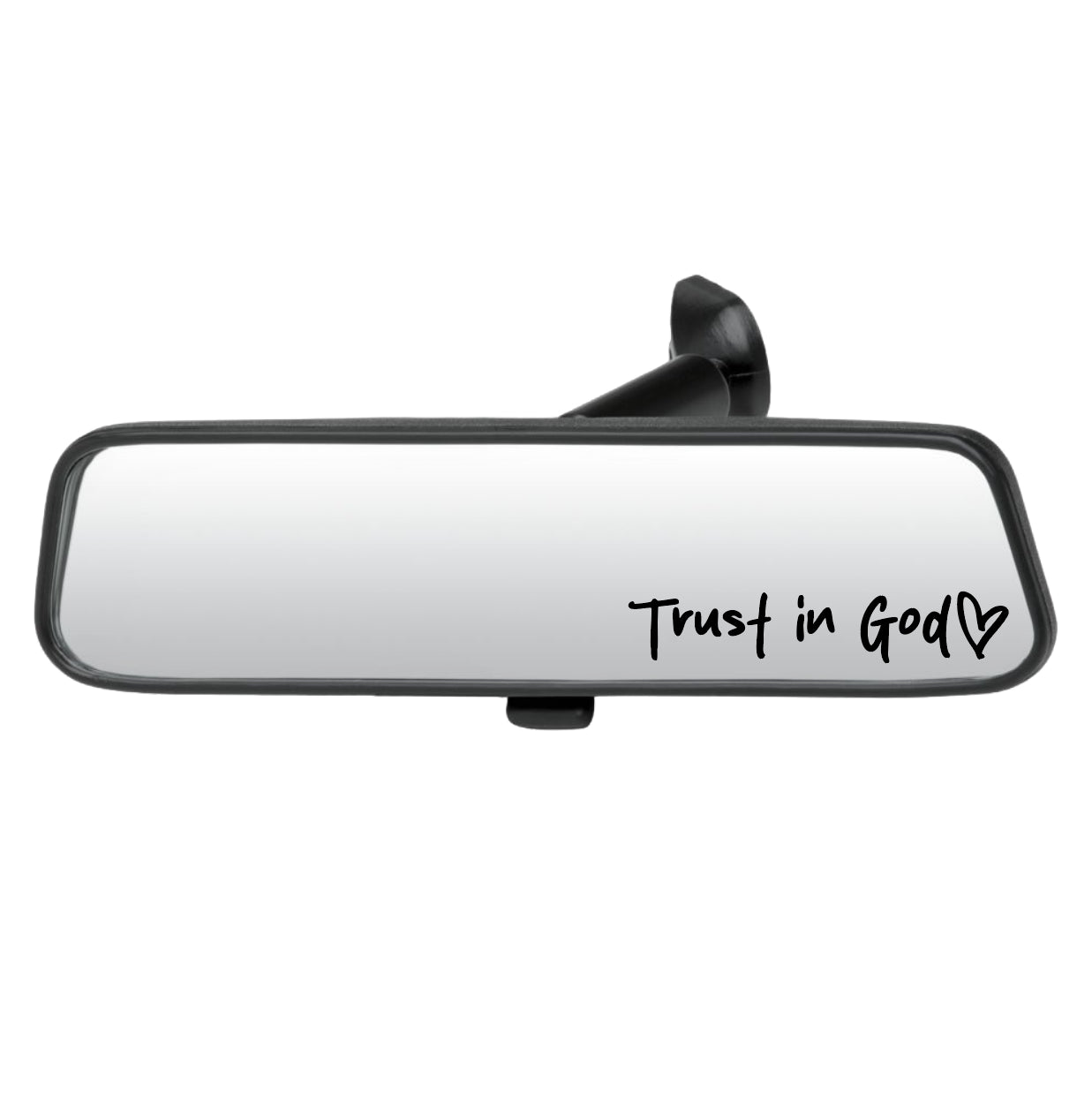 Car rearview mirror with 'Trust in God' text on a white background
