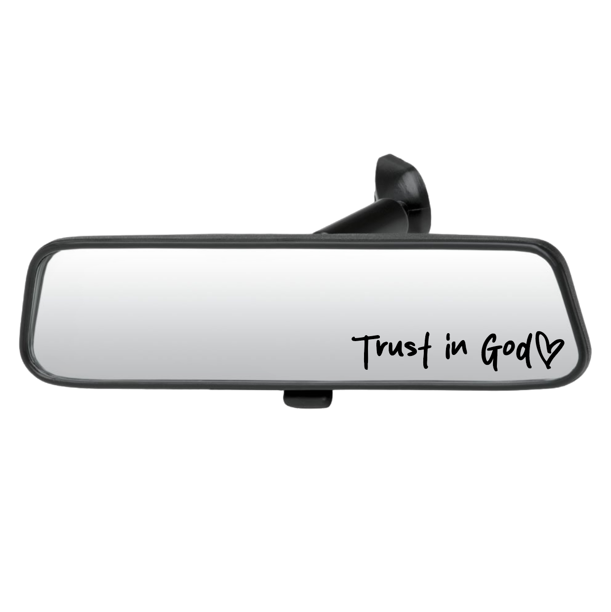 Car rearview mirror with 'Trust in God' text on a white background
