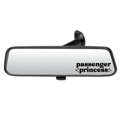 Car rearview mirror with 'passenger princess' text on a white background