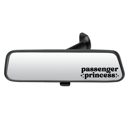 Car rearview mirror with 'passenger princess' text on a white background