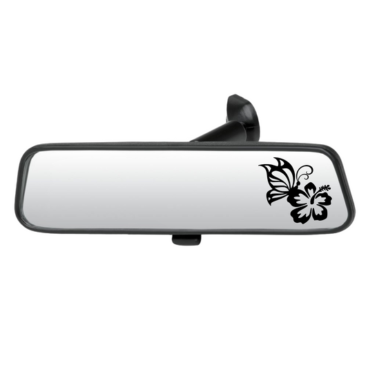 Car rearview mirror with a hibiscus butterfly decal on a white background