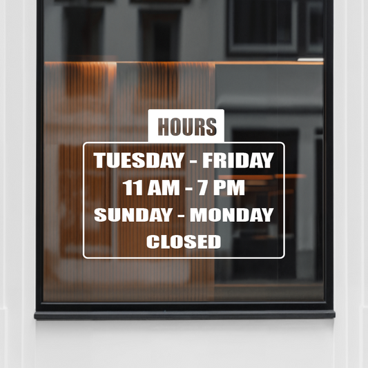 Bold Hours of Operation Vinyl Decal | Shop or Restaurant Window Sign